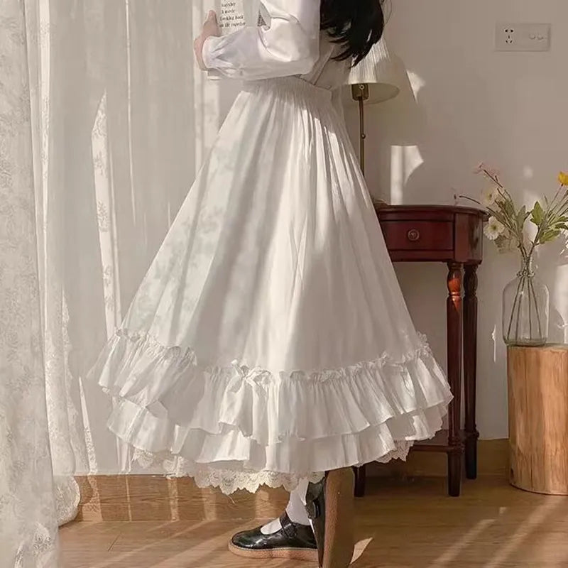 College Style Women Japanese Elastic High Waist Loose Midi Skirt Female Long Skirt Student Teenage Girls Ruffled A-line Skirts