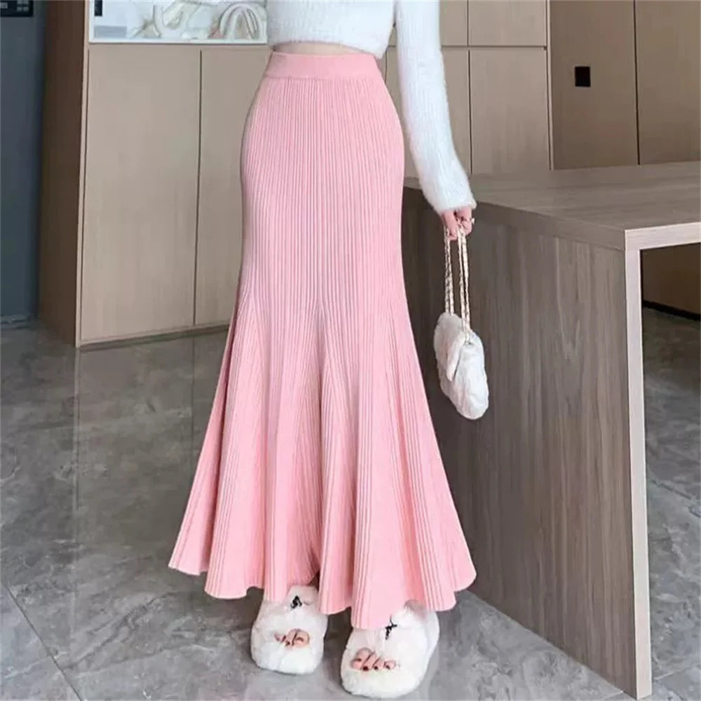 Autumn Winter Knitted Black Long Skirts Women Streetwear Elastic High Waist Clothes Sexy Knitwear Mid Length Fishtail Long Skirt
