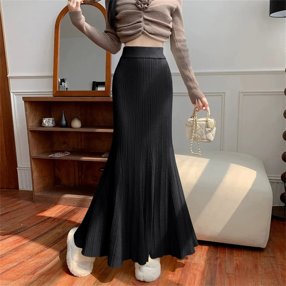 Autumn Winter Knitted Black Long Skirts Women Streetwear Elastic High Waist Clothes Sexy Knitwear Mid Length Fishtail Long Skirt