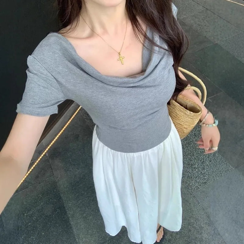Women’s Sweet Short Sleeve Top Ruffled Off-Shoulder Blouse Cute Date Night & Summer Vacation Knit Short-sleeved Shirt