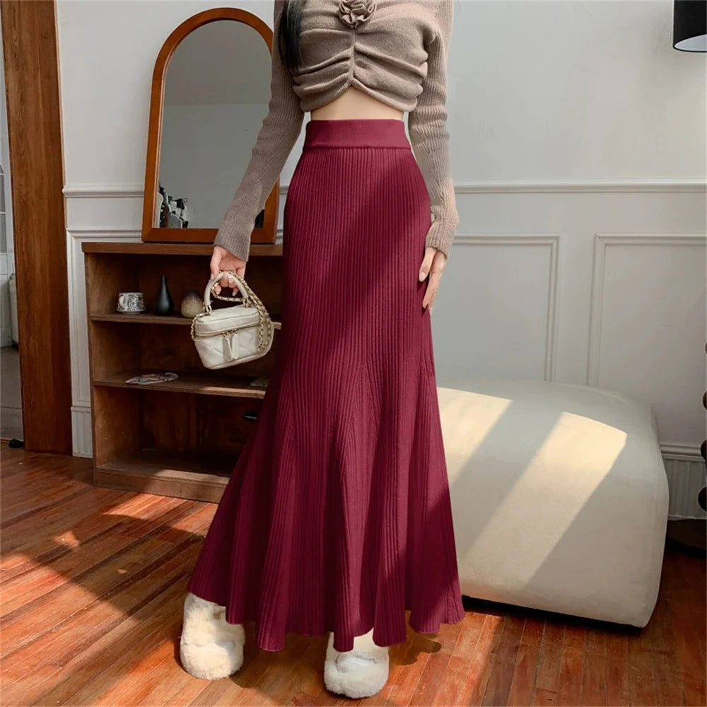 Autumn Winter Knitted Black Long Skirts Women Streetwear Elastic High Waist Clothes Sexy Knitwear Mid Length Fishtail Long Skirt