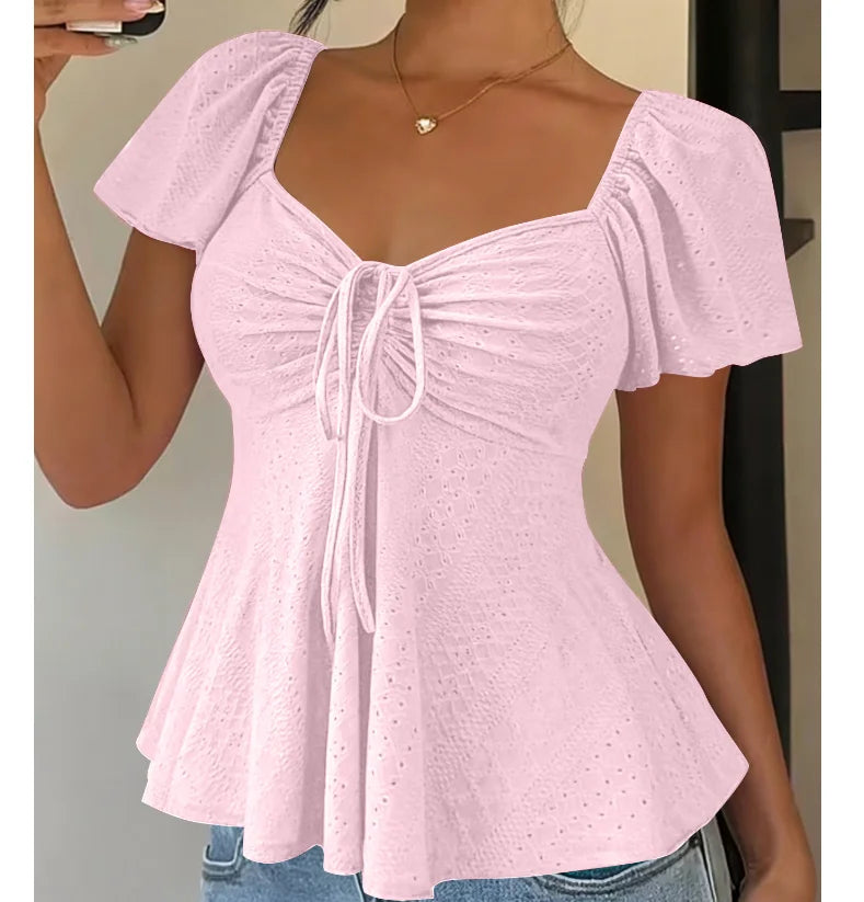 Women Y2k Summer Tops V-Neck Drawstring Sexy Lace Up Short Sleeve Solid Color Shirts Female Elegant Casual Fashion Blouses
