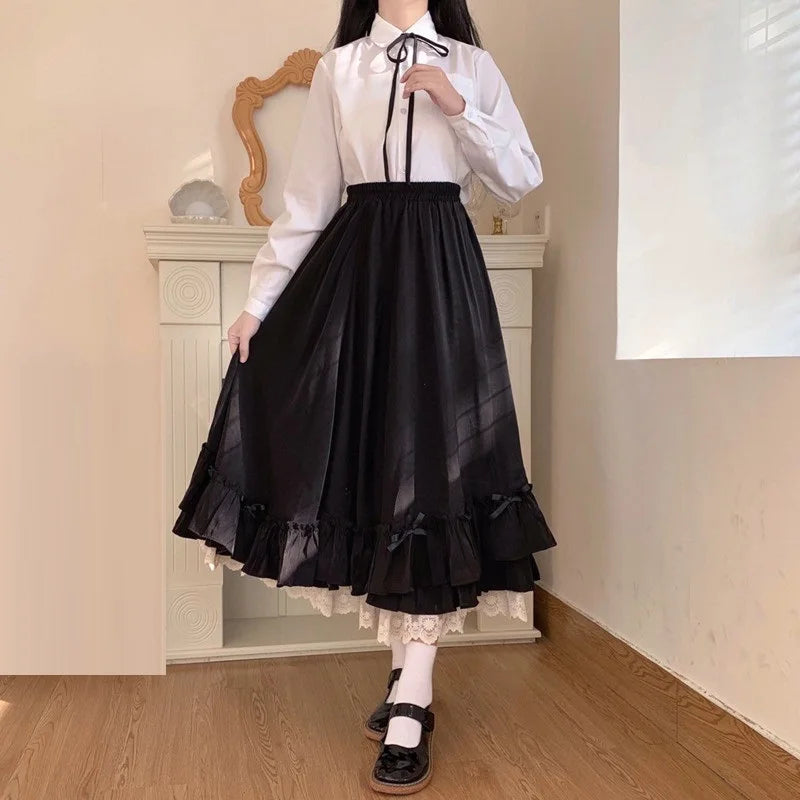 College Style Women Japanese Elastic High Waist Loose Midi Skirt Female Long Skirt Student Teenage Girls Ruffled A-line Skirts