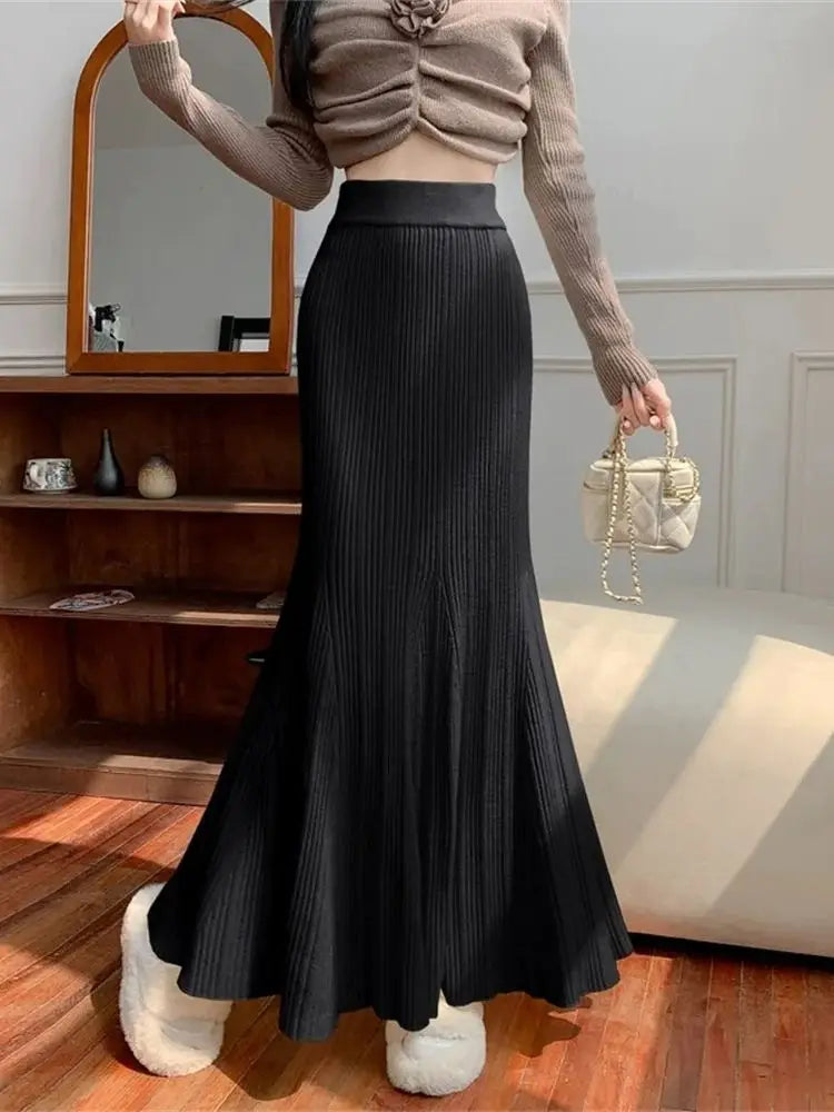 Autumn Winter Knitted Black Long Skirts Women Streetwear Elastic High Waist Clothes Sexy Knitwear Mid Length Fishtail Long Skirt