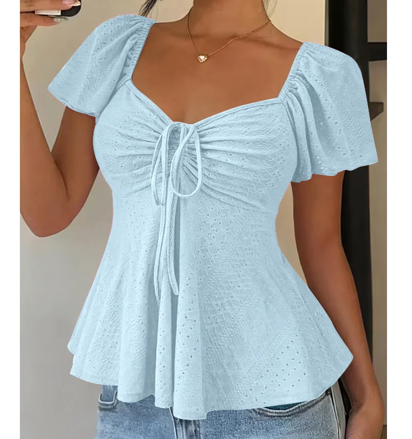 Women Y2k Summer Tops V-Neck Drawstring Sexy Lace Up Short Sleeve Solid Color Shirts Female Elegant Casual Fashion Blouses