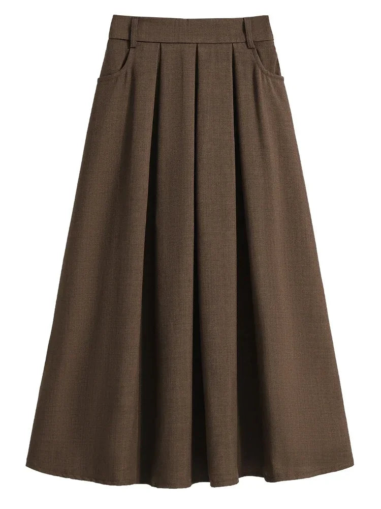 Pleated  A-Line Maxi Gown Solid Color Versatile Medium Length Skirt Cover Hip Spring Summer New 2026 Style Half-length Skirt