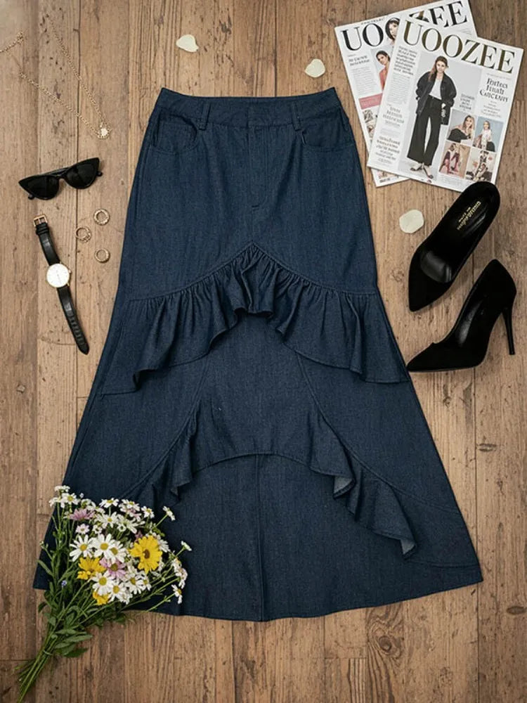 Missuoo Women's Dark Blue Denim Multi-Layer Ruffle Maxi Skirt Retro Casual Fashion Skirt 2026 Spring Fashion Fishtail Skirts
