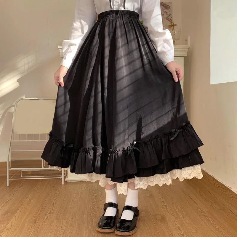 College Style Women Japanese Elastic High Waist Loose Midi Skirt Female Long Skirt Student Teenage Girls Ruffled A-line Skirts