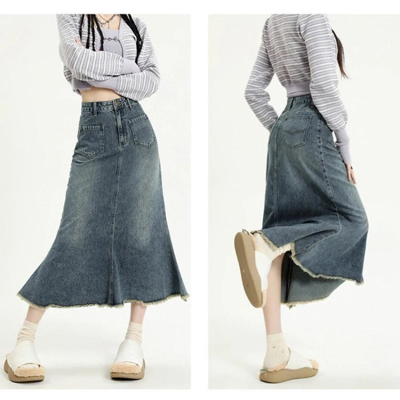 High Waisted Retro Denim Skirt For Women New Niche Design Fishtail Skirt Mid Length A-Line Denim Skirt