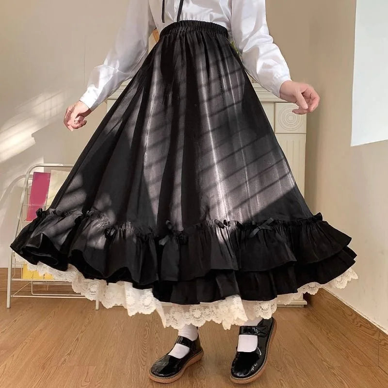 College Style Women Japanese Elastic High Waist Loose Midi Skirt Female Long Skirt Student Teenage Girls Ruffled A-line Skirts