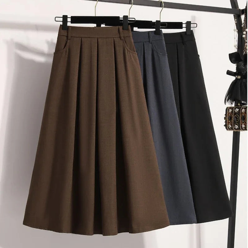 Pleated  A-Line Maxi Gown Solid Color Versatile Medium Length Skirt Cover Hip Spring Summer New 2026 Style Half-length Skirt