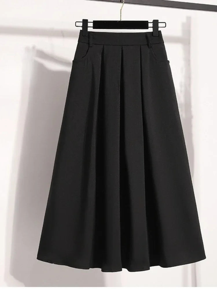 Pleated  A-Line Maxi Gown Solid Color Versatile Medium Length Skirt Cover Hip Spring Summer New 2026 Style Half-length Skirt