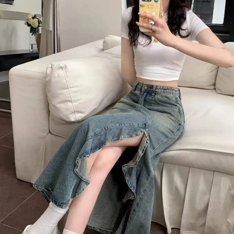 Spring And Summer Korean Retro Women Denim Skirt Fashion Design Irregular Wave Slit High Waist Fishtail Skirt Mid Length Skirt