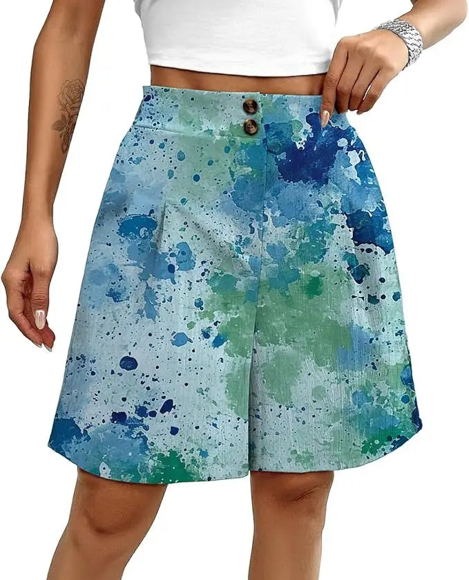 Women's shorts are fashionable casual summer elastic waist wide leg comfortable women's solid color work pants shorts