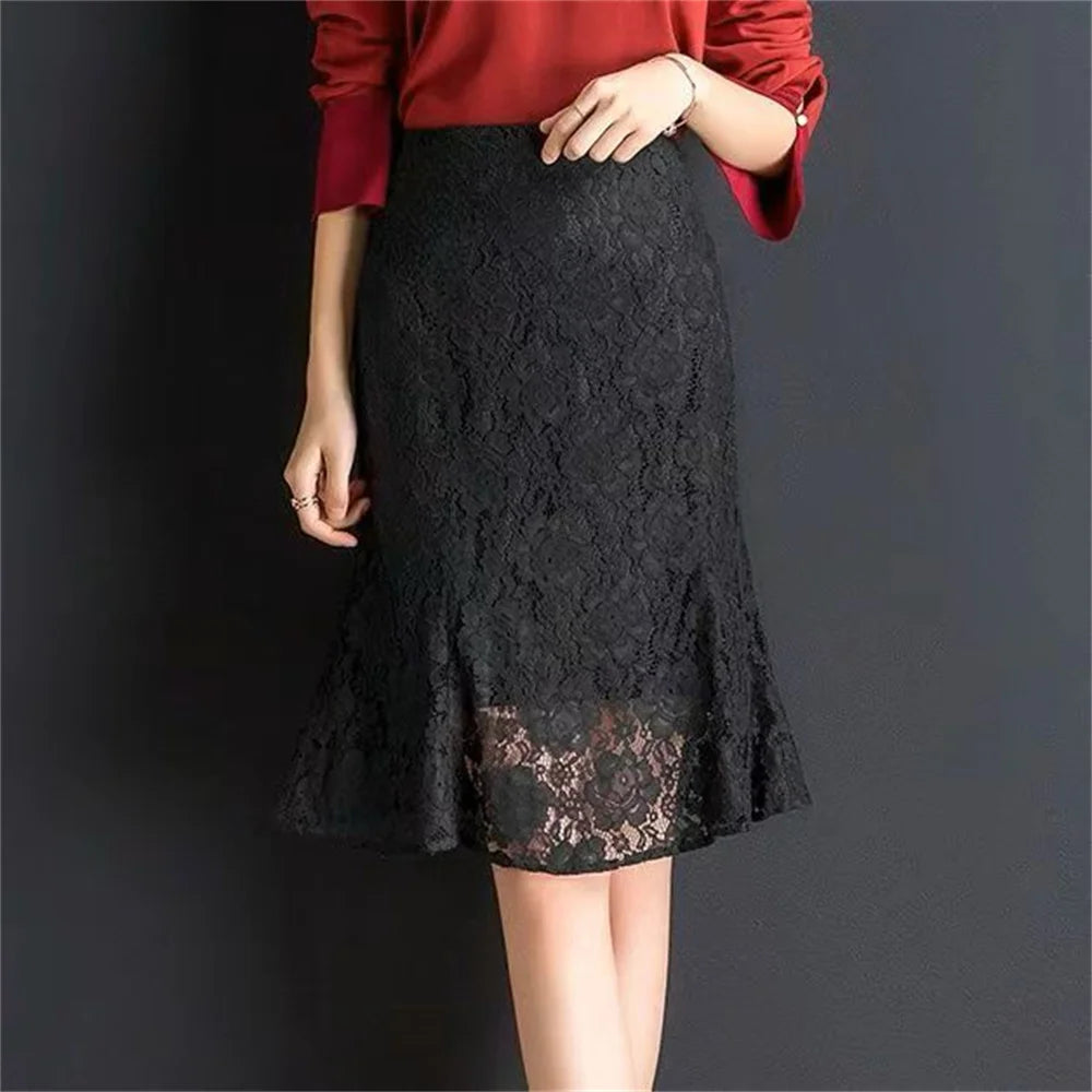 Lace Fishtail Women's Skirt 2025 Spring Summer New Female Mid-Length A-Line Pleated Package Hips Skirt Office Ladies One Step