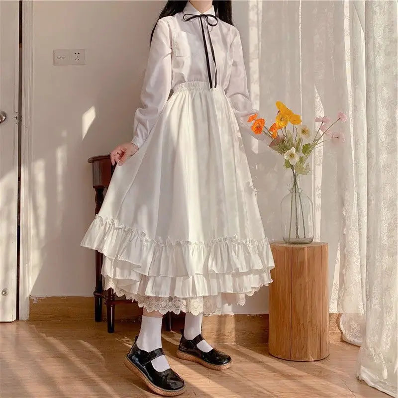 College Style Women Japanese Elastic High Waist Loose Midi Skirt Female Long Skirt Student Teenage Girls Ruffled A-line Skirts