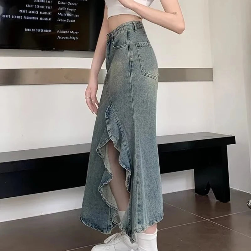 Spring And Summer Korean Retro Women Denim Skirt Fashion Design Irregular Wave Slit High Waist Fishtail Skirt Mid Length Skirt