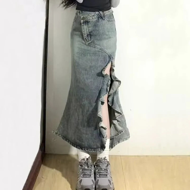 Spring And Summer Korean Retro Women Denim Skirt Fashion Design Irregular Wave Slit High Waist Fishtail Skirt Mid Length Skirt