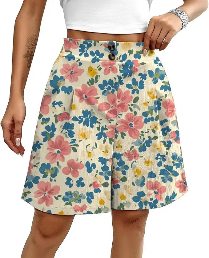 Women's shorts are fashionable casual summer elastic waist wide leg comfortable women's solid color work pants shorts