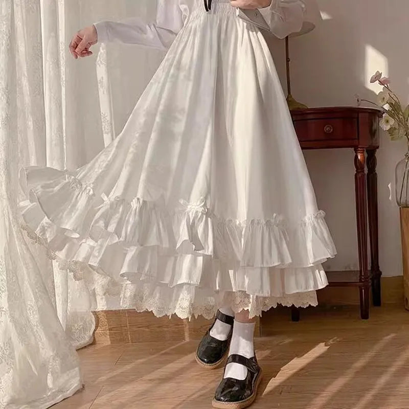 College Style Women Japanese Elastic High Waist Loose Midi Skirt Female Long Skirt Student Teenage Girls Ruffled A-line Skirts