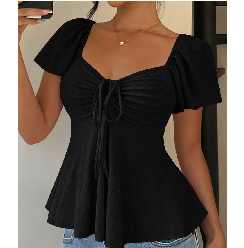 Women Y2k Summer Tops V-Neck Drawstring Sexy Lace Up Short Sleeve Solid Color Shirts Female Elegant Casual Fashion Blouses