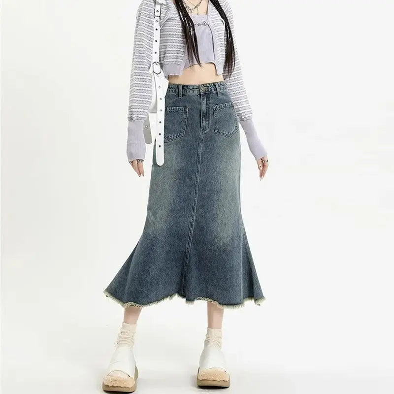 High Waisted Retro Denim Skirt For Women New Niche Design Fishtail Skirt Mid Length A-Line Denim Skirt