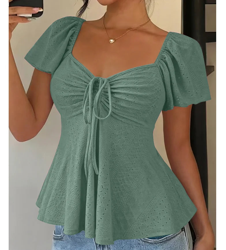 Women Y2k Summer Tops V-Neck Drawstring Sexy Lace Up Short Sleeve Solid Color Shirts Female Elegant Casual Fashion Blouses