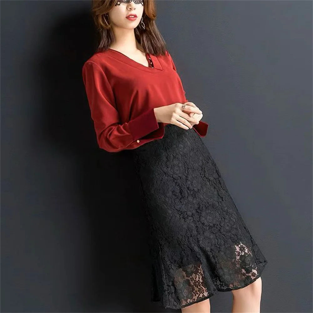 Lace Fishtail Women's Skirt 2025 Spring Summer New Female Mid-Length A-Line Pleated Package Hips Skirt Office Ladies One Step