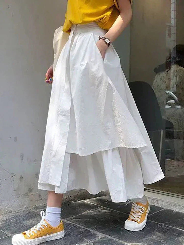 Fashion Irregular Solid A-line Skirts for Women Preppy Multilayer Long Skirt With Pockets Woman Clothing Women's Skirts