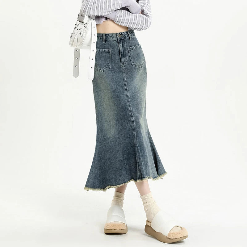 High Waisted Retro Denim Skirt For Women New Niche Design Fishtail Skirt Mid Length A-Line Denim Skirt