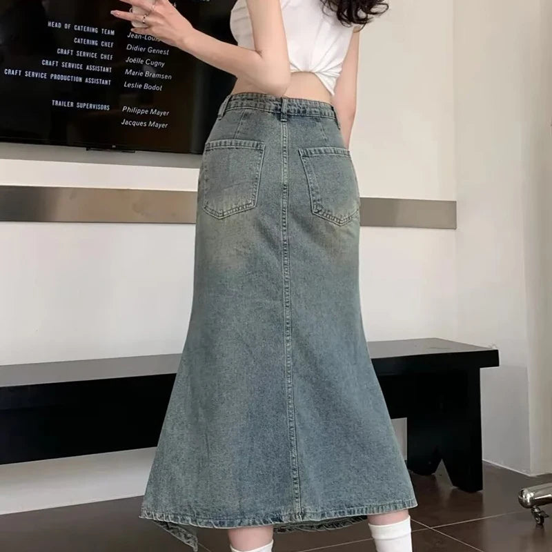 Spring And Summer Korean Retro Women Denim Skirt Fashion Design Irregular Wave Slit High Waist Fishtail Skirt Mid Length Skirt