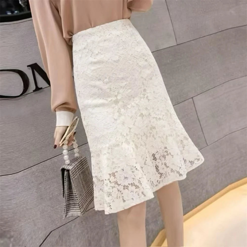 Lace Fishtail Women's Skirt 2025 Spring Summer New Female Mid-Length A-Line Pleated Package Hips Skirt Office Ladies One Step