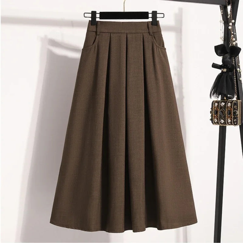 Pleated  A-Line Maxi Gown Solid Color Versatile Medium Length Skirt Cover Hip Spring Summer New 2026 Style Half-length Skirt