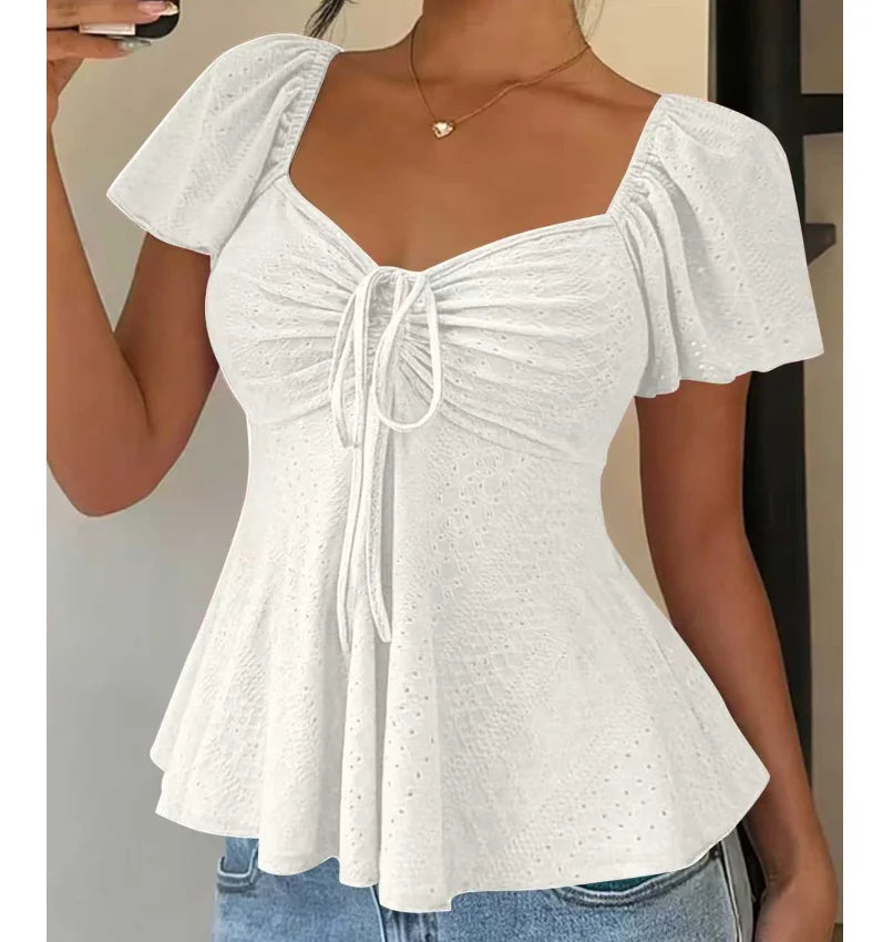 Women Y2k Summer Tops V-Neck Drawstring Sexy Lace Up Short Sleeve Solid Color Shirts Female Elegant Casual Fashion Blouses