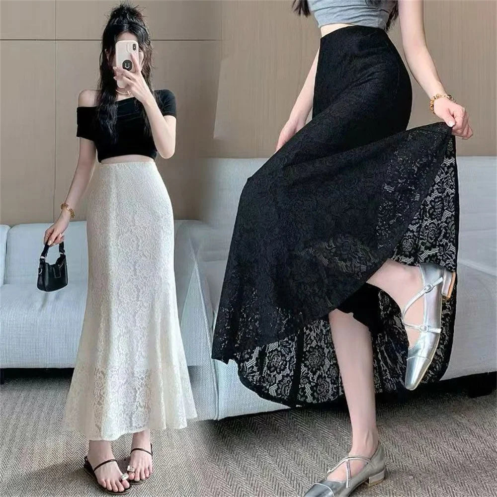 Lace Fishtail Women's Skirt 2025 Spring Summer New Female Mid-Length A-Line Pleated Package Hips Skirt Office Ladies One Step