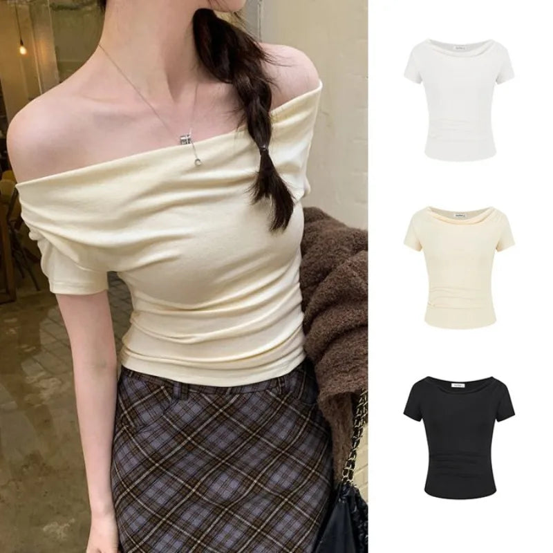Women’s Sweet Short Sleeve Top Ruffled Off-Shoulder Blouse Cute Date Night & Summer Vacation Knit Short-sleeved Shirt