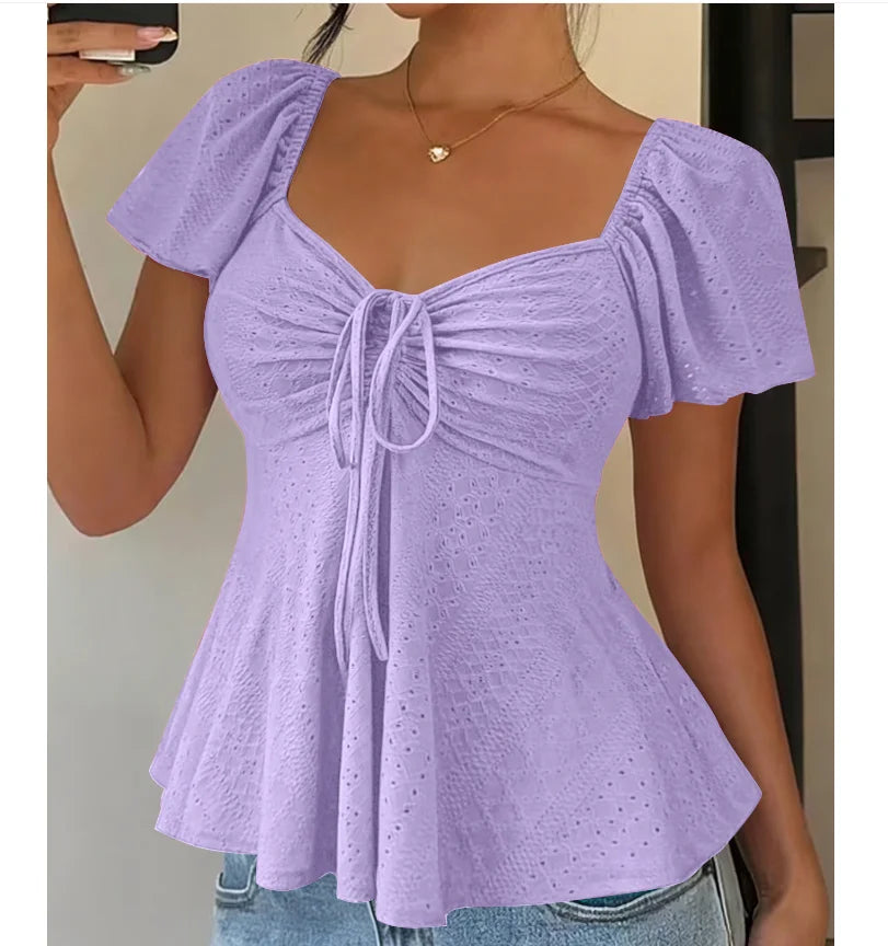 Women Y2k Summer Tops V-Neck Drawstring Sexy Lace Up Short Sleeve Solid Color Shirts Female Elegant Casual Fashion Blouses