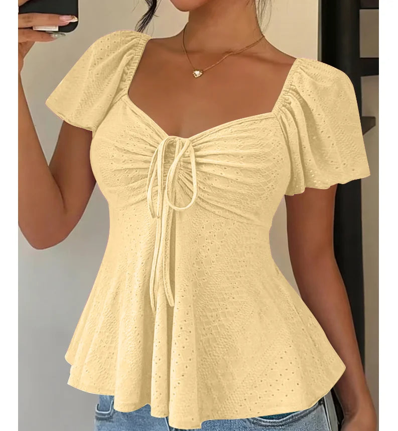 Women Y2k Summer Tops V-Neck Drawstring Sexy Lace Up Short Sleeve Solid Color Shirts Female Elegant Casual Fashion Blouses